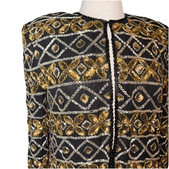 VTG Talbots‎ AJ Bari Beaded Sequin Silk Trophy Jacket Bronze Silver Black Large